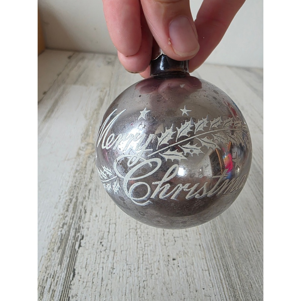Vintage made in US of a Merry Christmas stencil silver Mercury ornament Xmas
